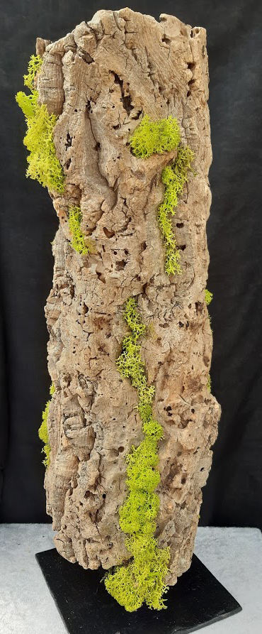 Sculpture en écorce de liège et lichen vert sur socle métallique